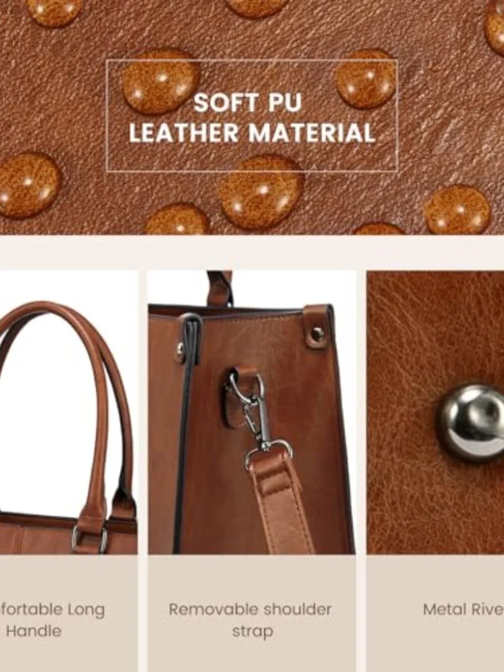 Vintage PU Leather Laptop Tote Set with Clutch, 15.6